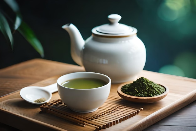 Foto uma chaleira com uma tigela de sopa verde e uma tigella de chá verde.