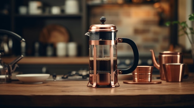 Uma chaleira de café em uma mesa de madeira