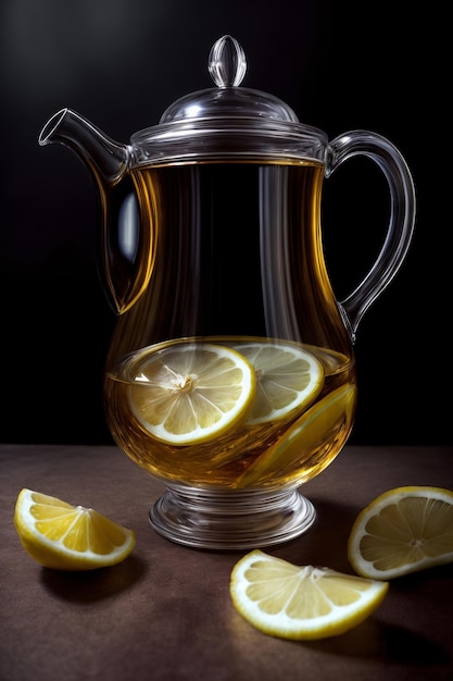Uma chaleira de vidro cheia de fatias de limão