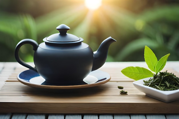 uma chaleira e uma chávena de chá em uma mesa de madeira com o sol atrás dela