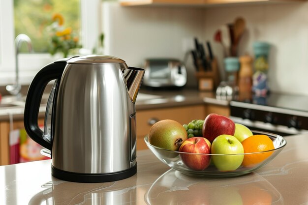 Uma chaleira elétrica moderna em um balcão de cozinha por uma tigela de frutas