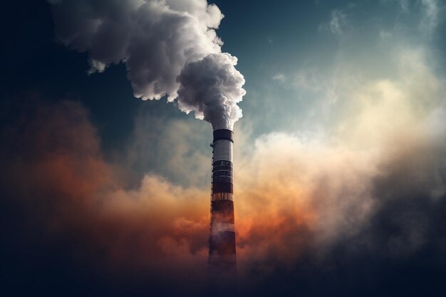 Uma chaminé emitindo fumaça escura na atmosfera e degradação ambiental