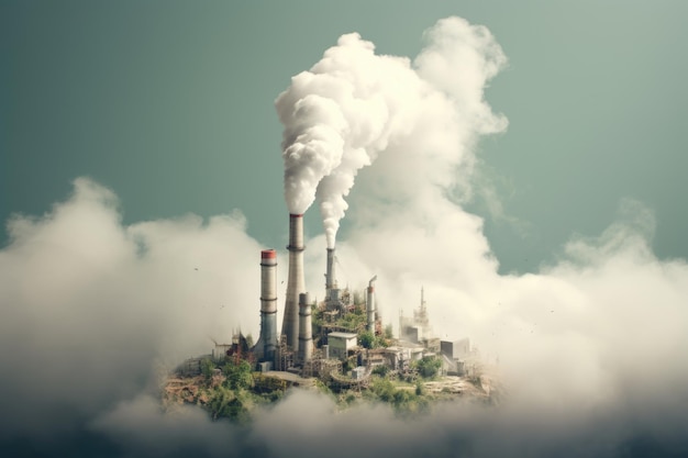Uma chaminé industrial altíssima emite fumaça contra um céu nublado, simbolizando as preocupações ambientais