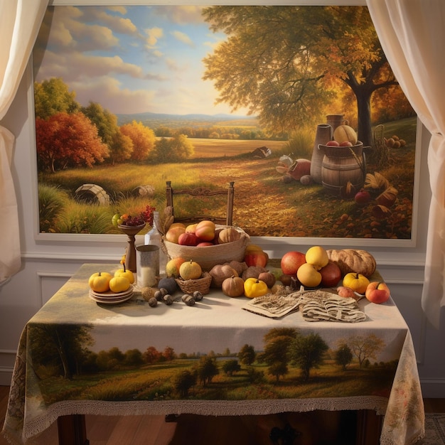 Uma charmosa mesa de colheita adornada com uma cesta abundante de abóboras, maçãs, paisagem Ai Generate