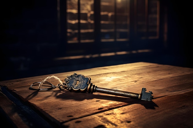 Uma chave antiga em uma mesa de madeira rústica em uma sala mal iluminada