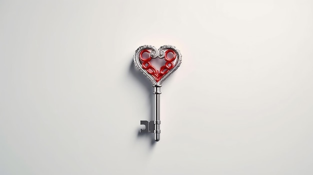 Uma chave com uma chave em forma de coração em um fundo branco.
