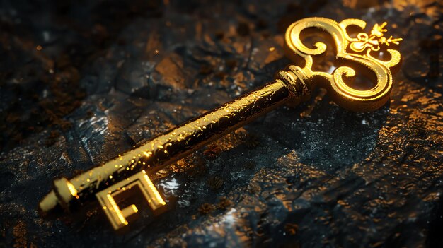 Uma chave dourada está sobre uma superfície de pedra escura a chave é intrincadamente esculpida e parece que poderia abrir qualquer porta
