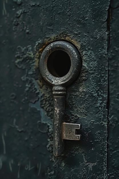 Uma chave velha está presa numa porta Útil para serviços de fechadura