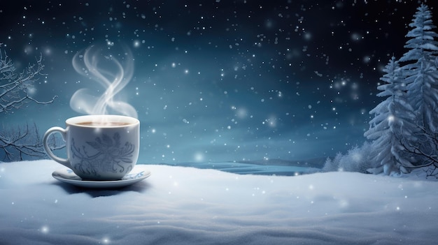 uma chávena de café a vapor com fundo de tema de inverno