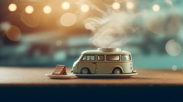 Uma chávena de café a vapor numa carrinha vida caravana vivendo a vida lenta Ai Generative