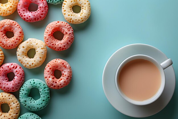 Uma chávena de café ao lado de um monte de donuts IA geradora