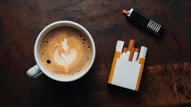 Foto uma chávena de café ao lado de um pacote de cigarros e um isqueiro