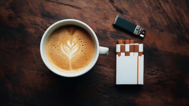 Foto uma chávena de café ao lado de um pacote de cigarros e um isqueiro