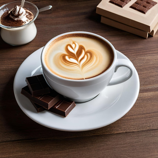 Foto uma chávena de café cappuccino e chocolate na mesa um pequeno-almoço delicioso e nutritivo