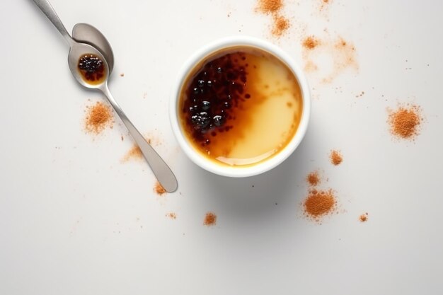 Uma chávena de café castanho preto ao lado de uma colher com uma colher sobre ele em fundo branco