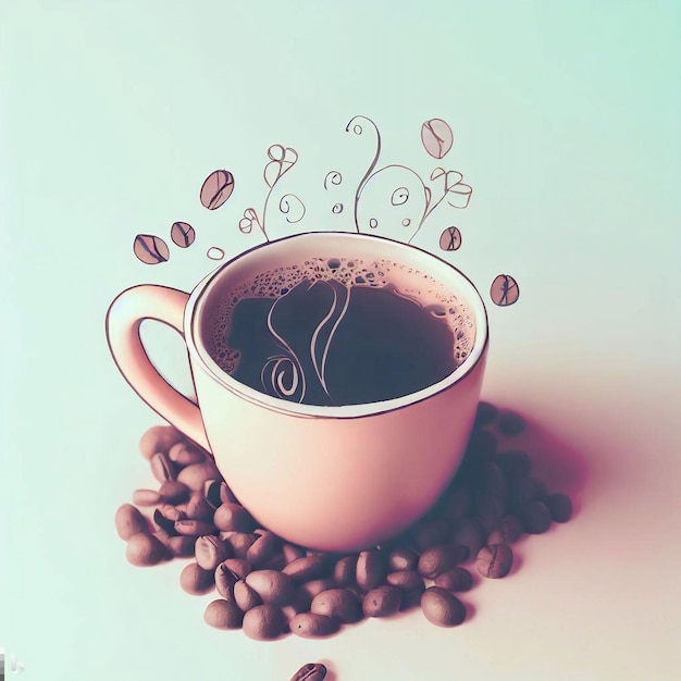 uma chávena de café com as palavras café e grãos de café