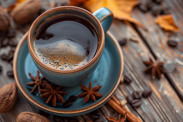 Uma chávena de café com canelas e anis em um prato em uma mesa de madeira com folhas uma foto de estoque