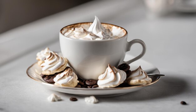 Foto uma chávena de café com creme batido e virilhas de chocolate