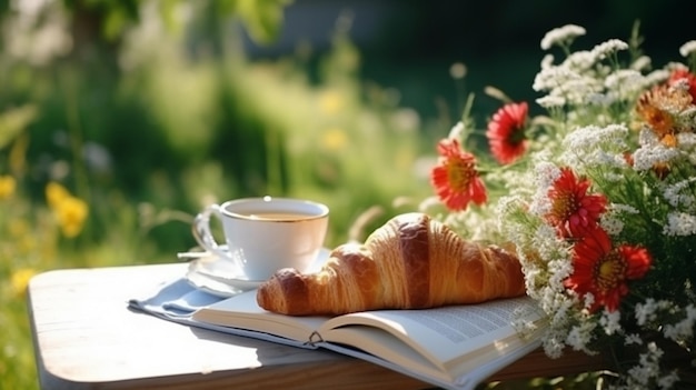 Uma chávena de café com croissant e um livro na mesa no jardim.