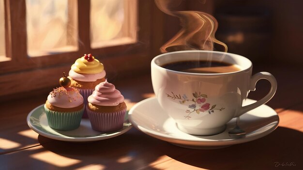 Foto uma chávena de café com cupcakes