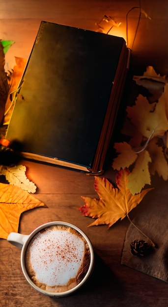 Foto uma chávena de café com desenho espalhado ao lado de um livro antigo em uma mesa de madeira e folhas de outono