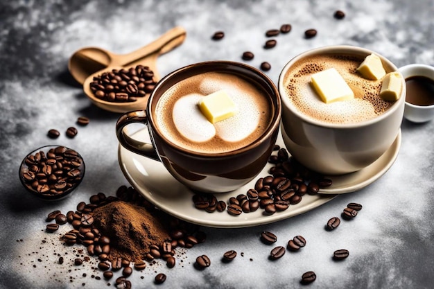 uma chávena de café com leite e grãos de café em uma mesa