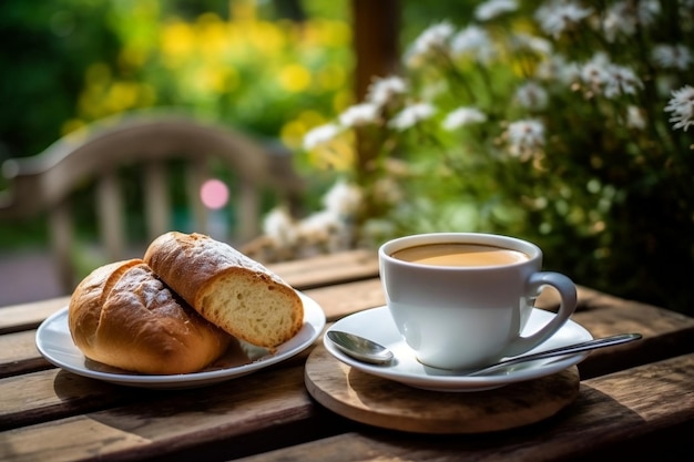 Uma chávena de café com pão num jardim sereno