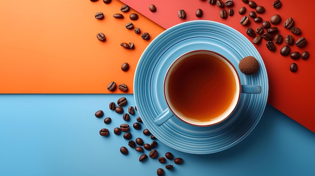 Uma chávena de café com um biscoito em cima dela ao lado de um prato de grãos de café e metade de um biscuito