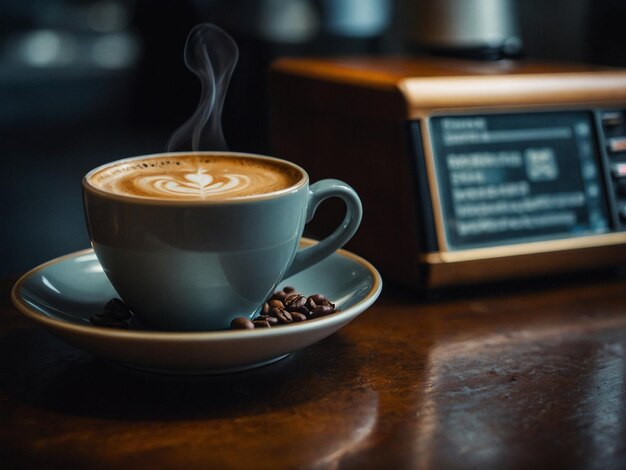 Uma chávena de café com um caderno ao lado.