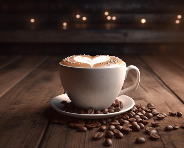 Uma chávena de café com um cappuccino em forma de coração em cima.