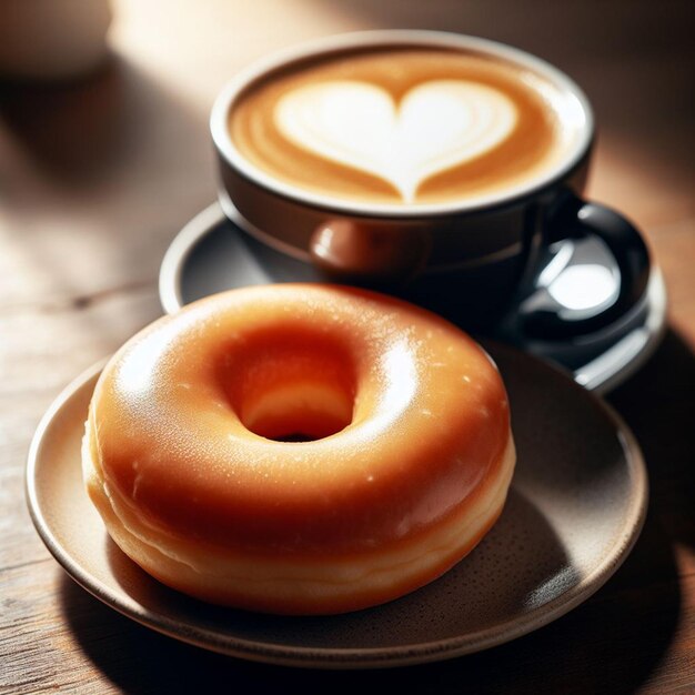 Uma chávena de café com um donut.