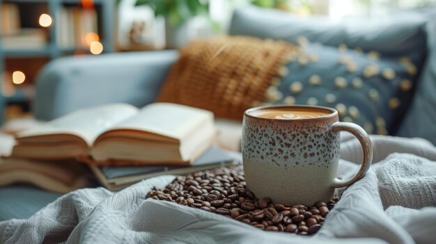 Foto uma chávena de café com um livro no sofá na sala de estar em close-up