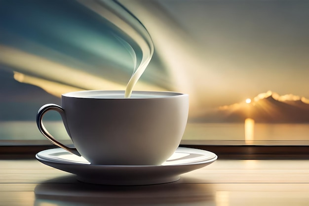 uma chávena de café com um pôr-do-sol desfocado no fundo