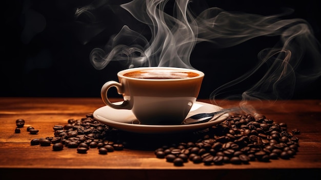 Uma chávena de café com um prato de café numa mesa.