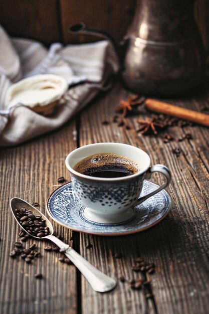 uma chávena de café com uma colher e colheres em uma mesa de madeira