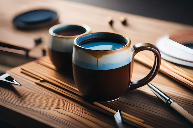 uma chávena de café com uma colher e colheres em uma mesa.