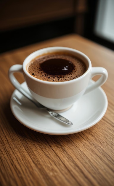 uma chávena de café com uma colher em um prato e uma colher numa mesa