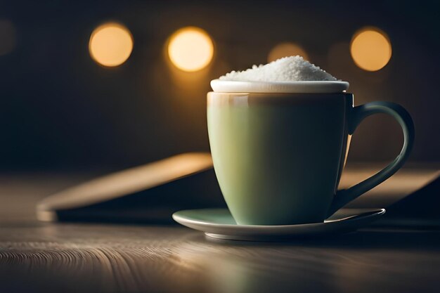 uma chávena de café com uma colher em uma mesa ao lado dela