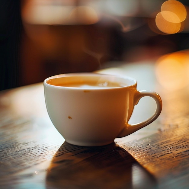 uma chávena de café com uma colher nela está em uma mesa