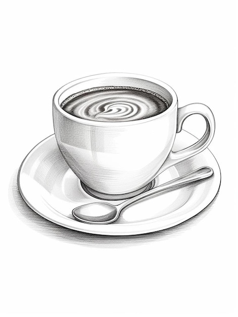 Uma chávena de café com uma colher num prato e uma colher.