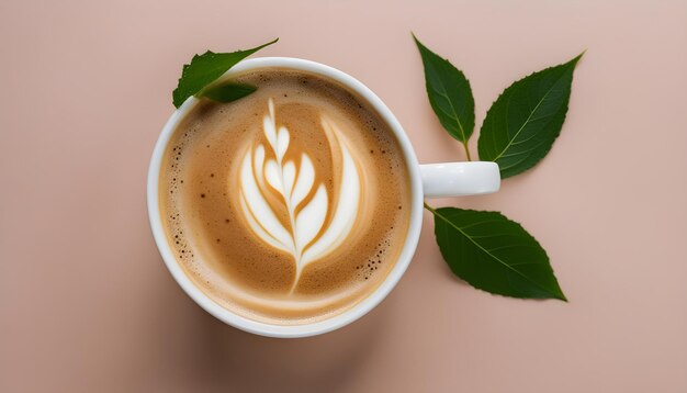 uma chávena de café com uma folha que tem a palavra latte