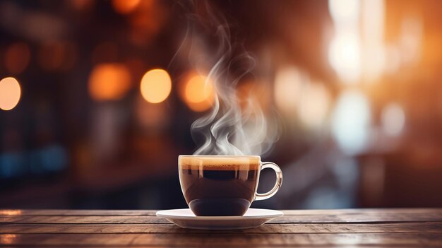 Uma chávena de café com vapor no balcão do bar contra a cafeteria