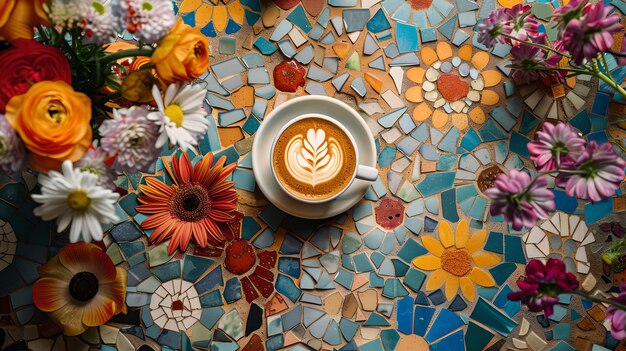 Foto uma chávena de café convidativa cercada por um mosaico colorido de flores perfeito para começar o dia ideal para relaxamento e cafés ai