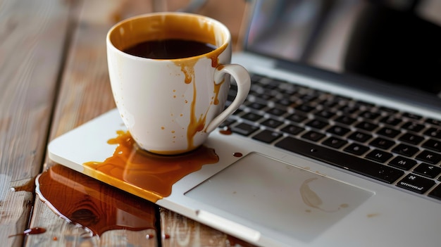 Uma chávena de café derramada no portátil.