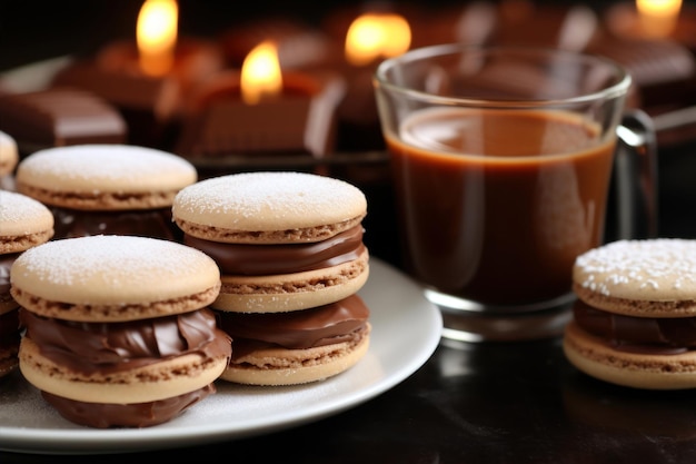 Uma chávena de café e biscoitos com chocolate num prato branco.