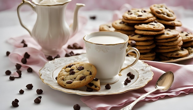 uma chávena de café e biscoitos estão em uma mesa