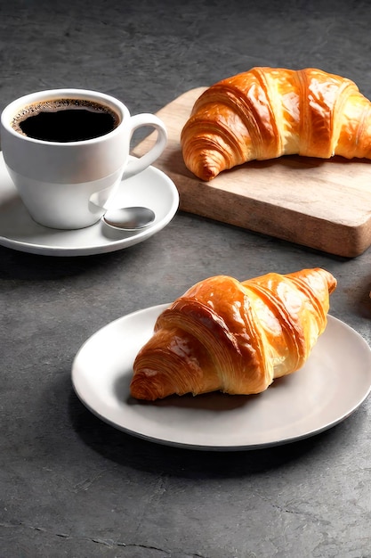 Uma chávena de café e deliciosos croissants em um fundo de pedra almoço perfeito pela manhã