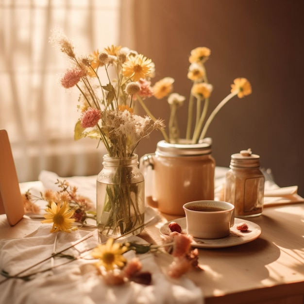 Uma chávena de café e flores secas na mesa pela manhã.
