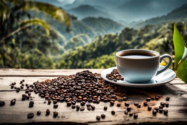 Foto uma chávena de café e grãos de café em uma mesa