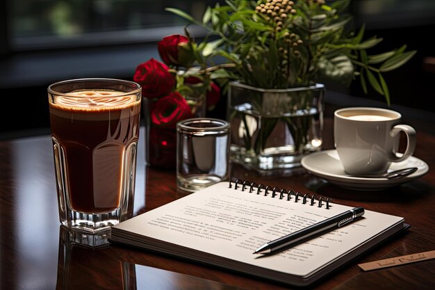 uma chávena de café e um bloco de notas em uma mesa de madeira com um vaso de rosas vermelhas no fundo